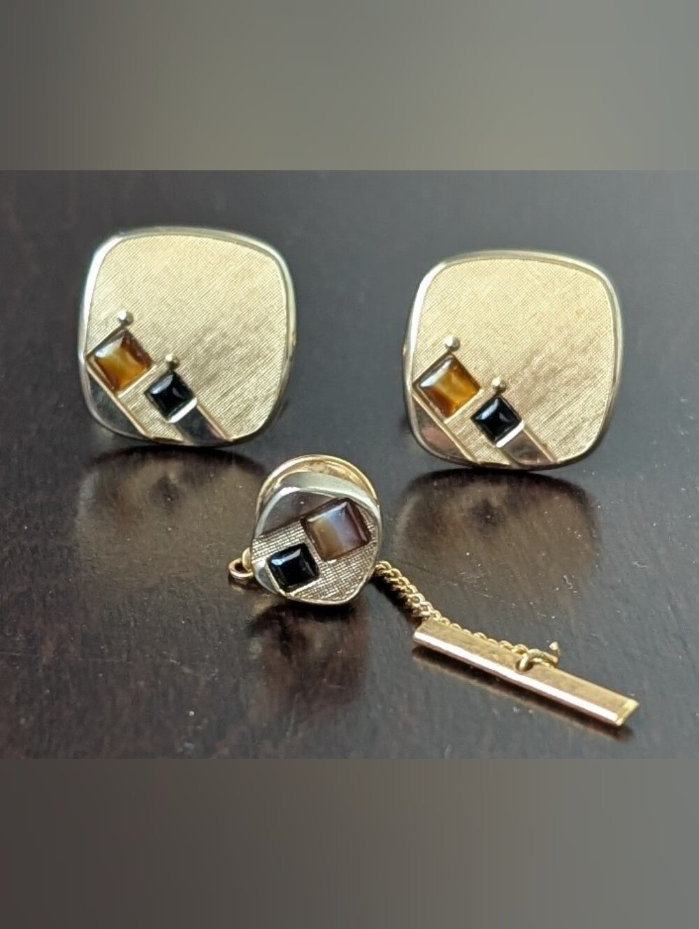 Vintage SWANK Geometric Gold-Tone Cufflinks and Tie Tack Black and Amber MCM